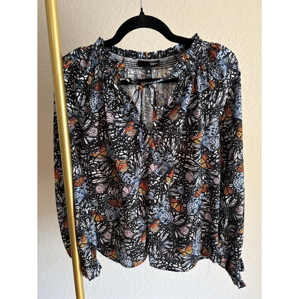 Aqua Women's Butterfly Print Peasant Top Size XS Whimsigoth Fairy Novelty